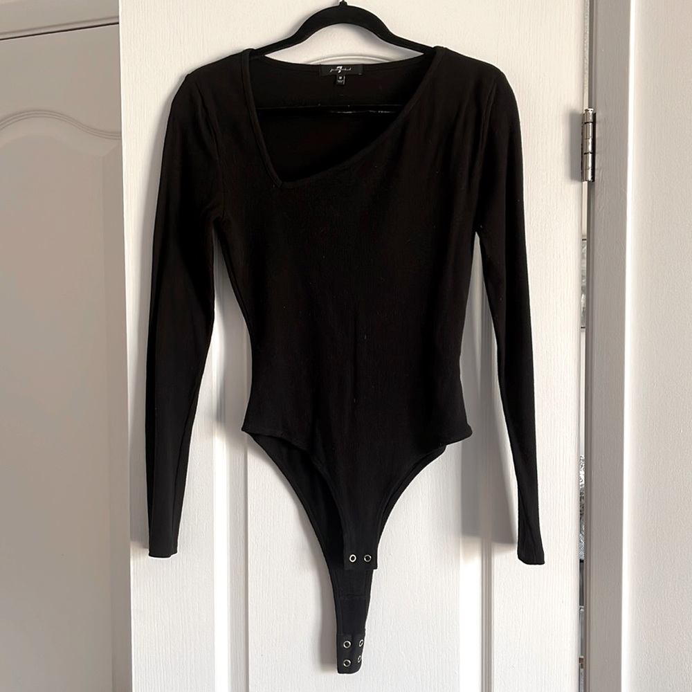 Asymmetric Black Ribbed BodySuit from 7 For All Mankind